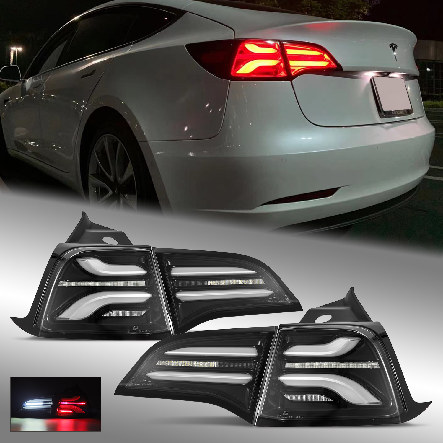 Fit 17-22 Tesla Model 3/20-22 Model Y Sequential LED Tail Lights Clear Lens