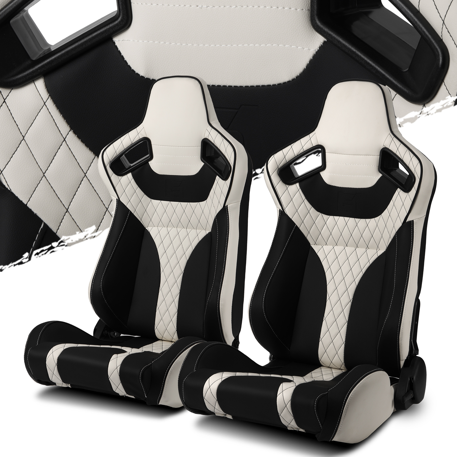 2x Main Black+White Side PVC Leather Universal Reclinable Sport Racing Seats