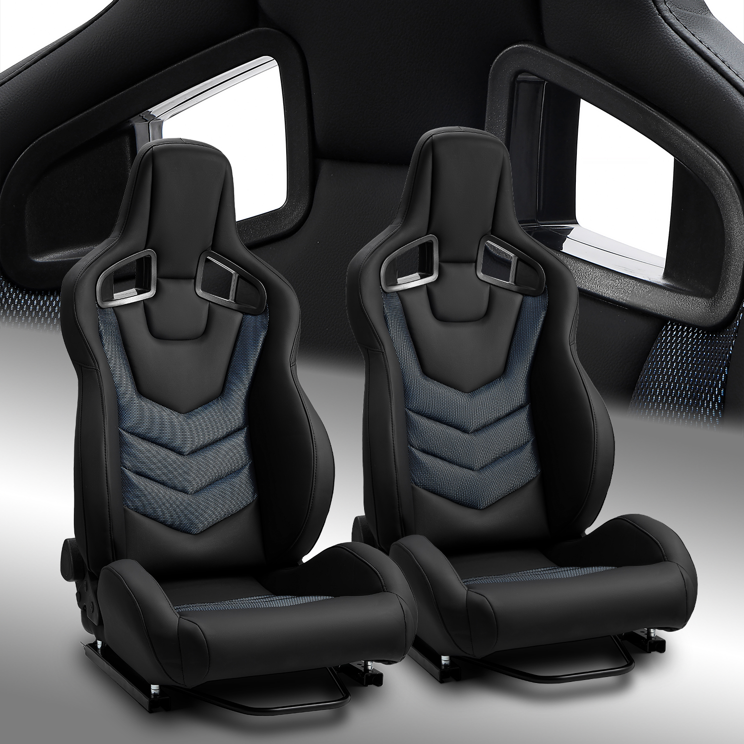 Universal PVC Reclinable Racing Seats Pair Black+Blue Stylish Mesh W/Slider