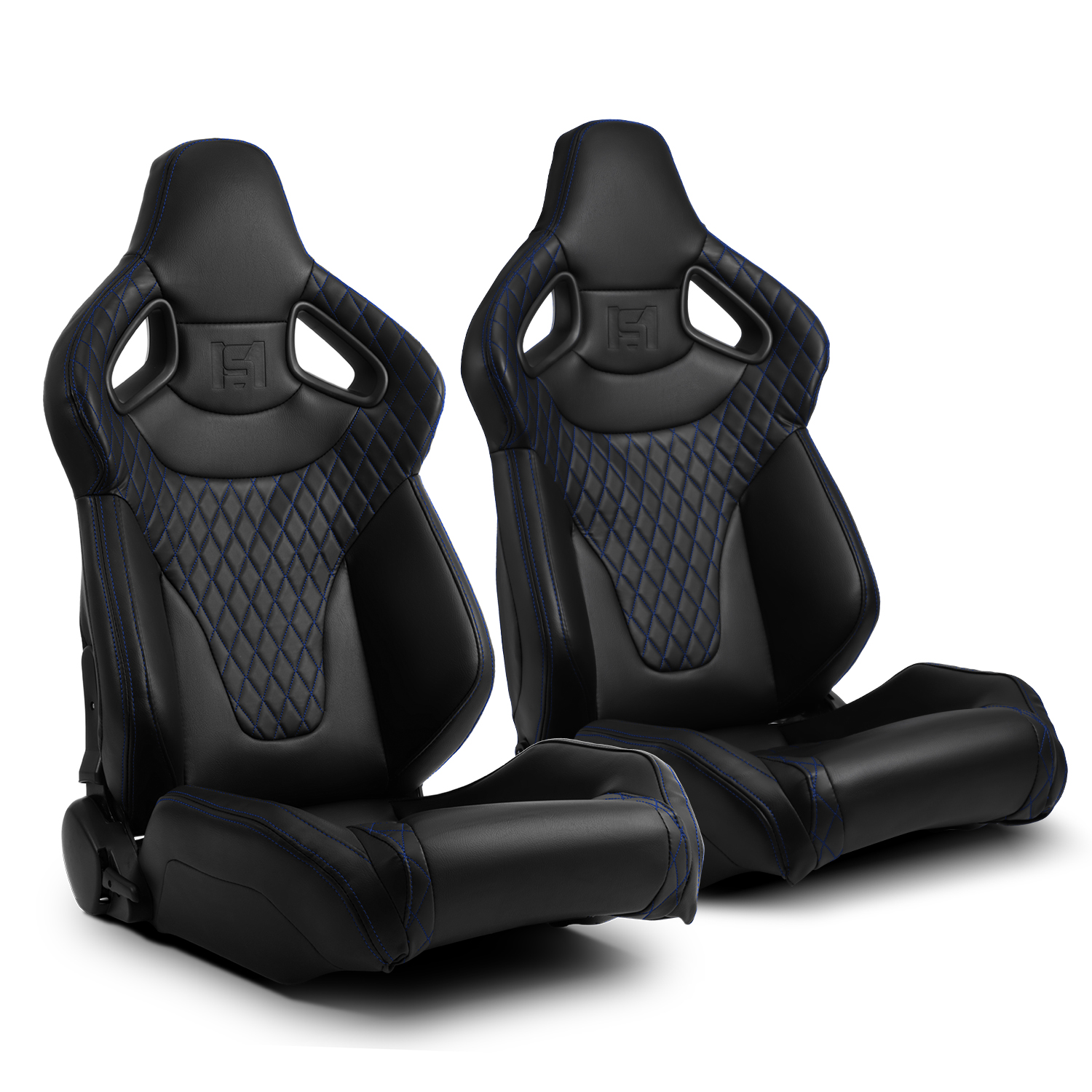 C-Series Black w/Blue Stitching PVC Reclinable Racing Seats Pair Left/Right