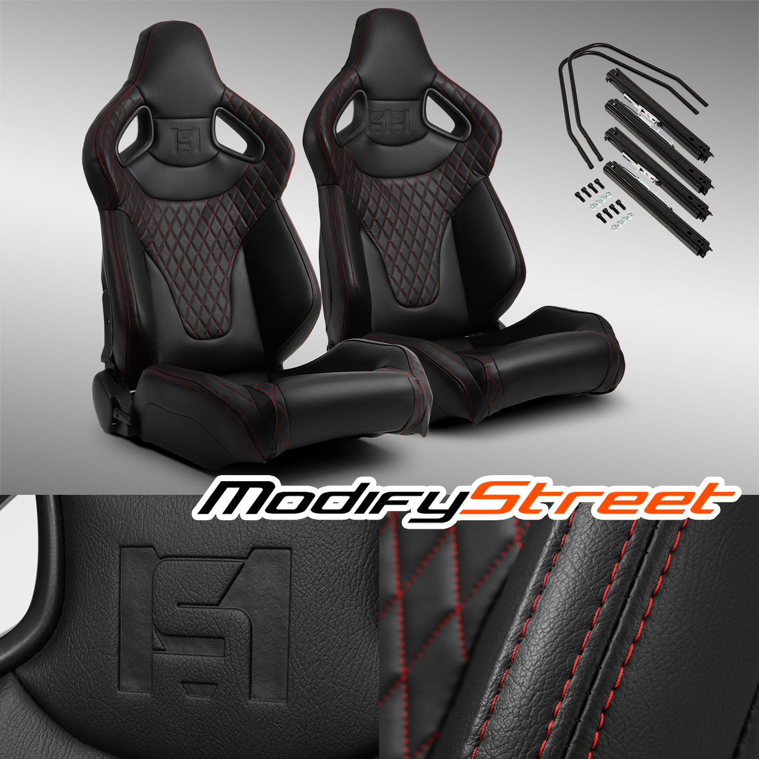 Black w/Red Stitching C-Series PVC Reclinable Left/Right Racing Seats Pair