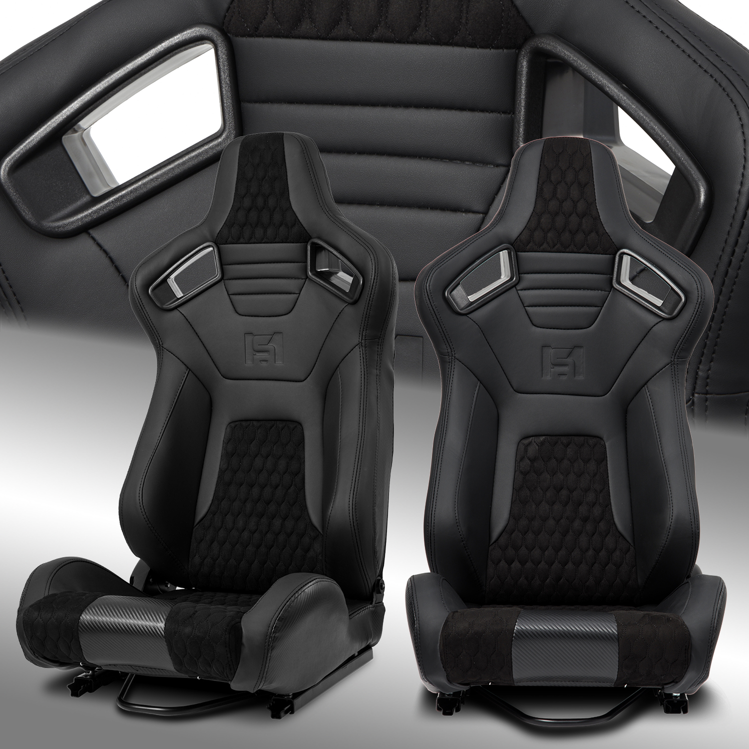 2x Reclinable Black + Carbon Fiber Leather Reclinable Racing Seats W/Silders L/R